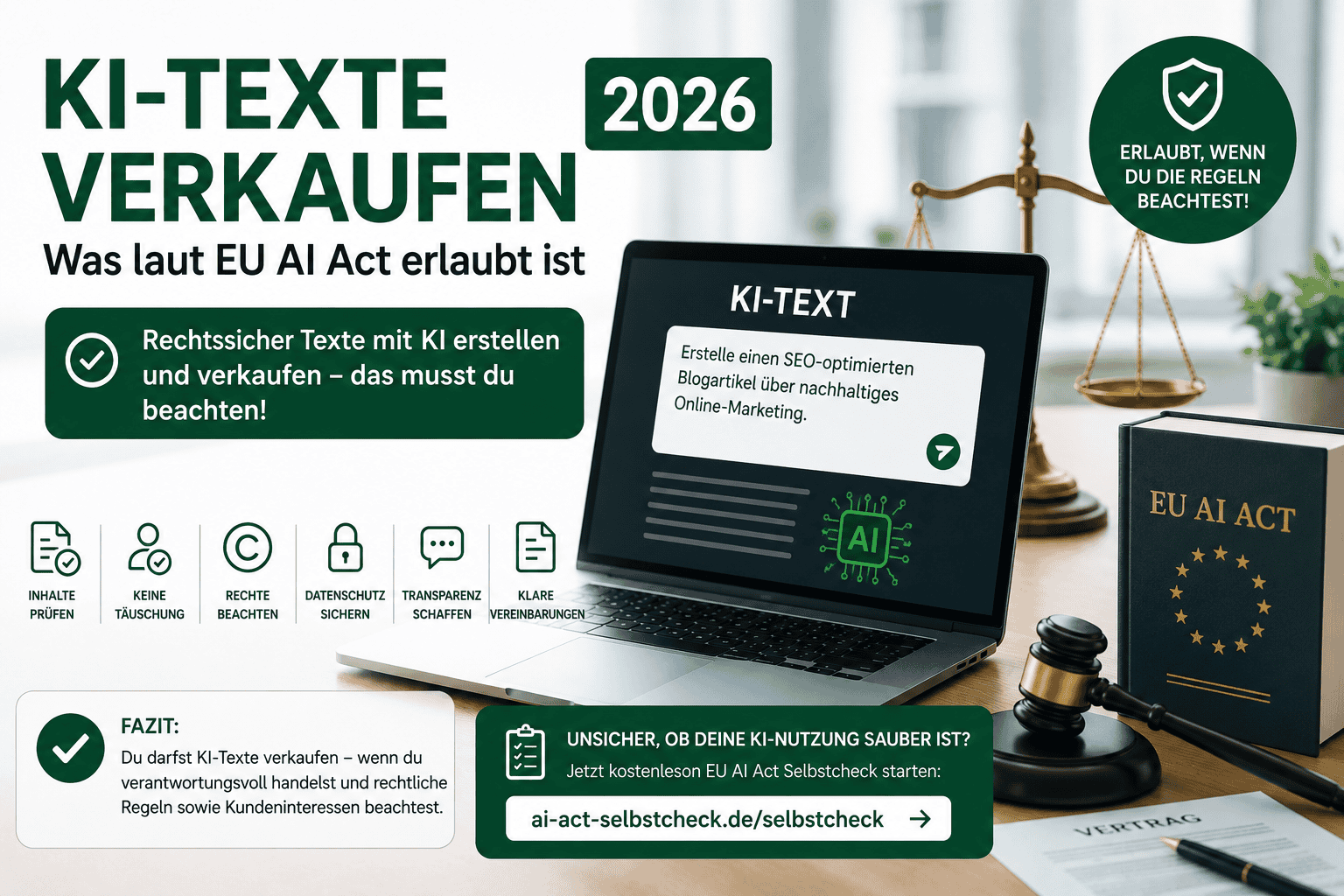 KI-Texte verkaufen 2026: EU AI Act, Urheberrecht und Datenschutz für Freelancer 