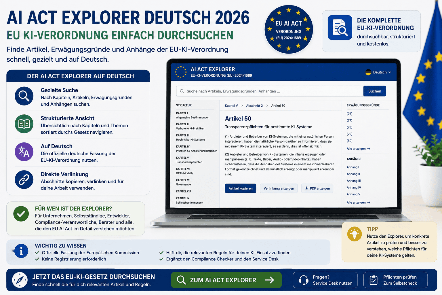 AI Act Explorer Deutsch 2026 zum Durchsuchen der EU KI-Verordnung nach Artikeln Erwägungsgründen und Anhängen